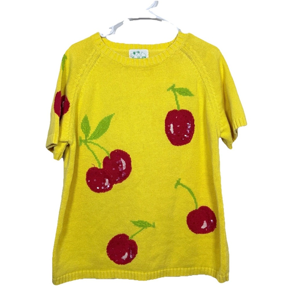 Vintage Quacker Factory Sweater Womens L Yellow Cherry Beaded Knit Cute Spring